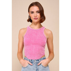 Lulus Cutest Mood Washed Pink Ribbed Knit Cropped Tank Top - Size S